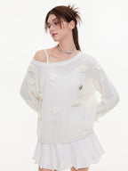 ikyou Warm Wool Blend Pullover Loose Crochet 3D Detail Office Boat Neck White Sweaters