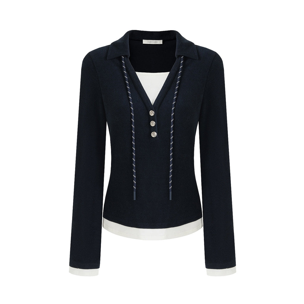 unspoken_Breathable_Slim_Fit_V-neck_Knit_Three_Piece_High_Waist_Navy_Women_Lounge_Sets_MISSTT