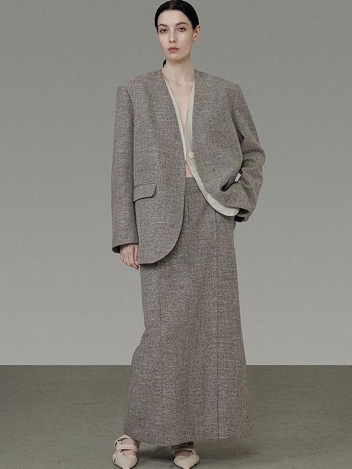 unspoken Minimalist Heather Gray Loose Fit Longsleeve Office Polyester Top & Skirt Sets