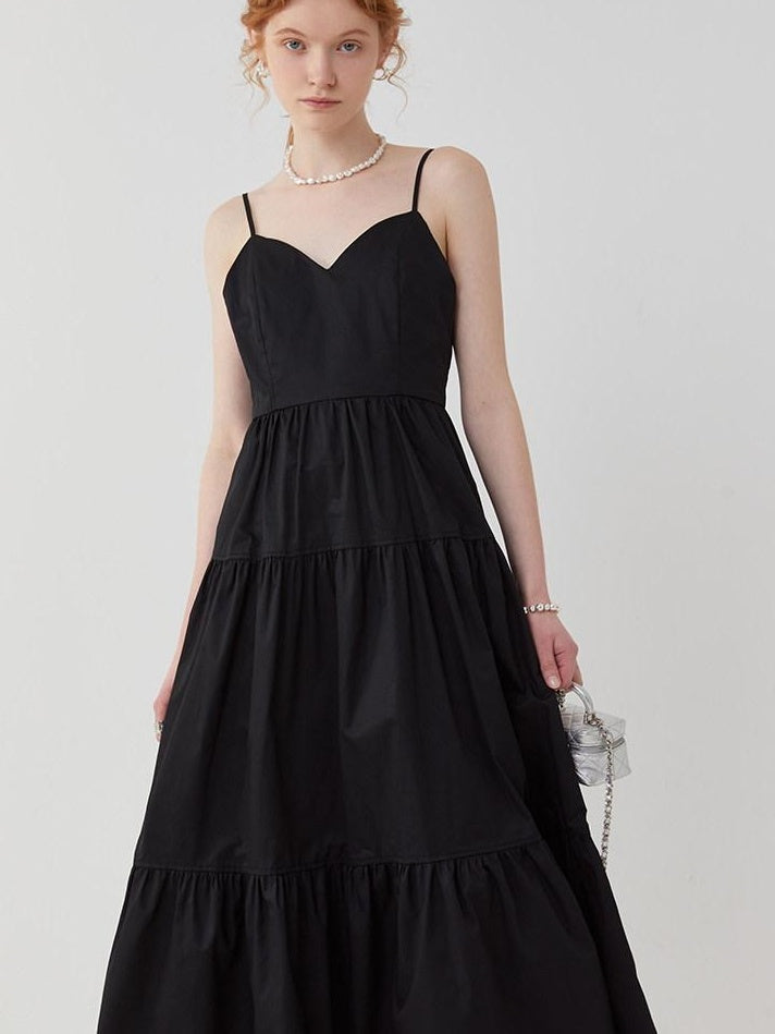 fano High Waist Pleated Minimalist V-neck Sleeveless A Line Cotton Casual Maxi Dresses