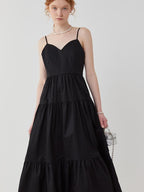 fano High Waist Pleated Minimalist V-neck Sleeveless A Line Cotton Casual Maxi Dresses