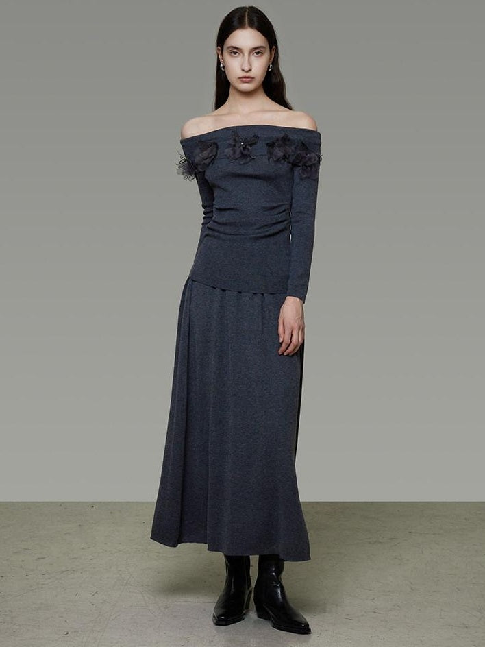 unspoken High Stretch Slim Knit Boat Neck Long Sleeve Dark Gray Office Top & Skirt Sets
