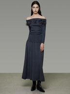 unspoken High Stretch Slim Knit Boat Neck Long Sleeve Dark Gray Office Top & Skirt Sets