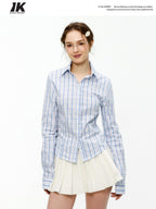 ikyou Shape Retention Slim Fit Pleated Embroidered Plaid Collared Long Sleeve Shirts