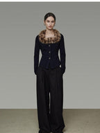 unspoken Warm Fur Collar Slim Cropped Workwear Women Cotton Leopard Navy Cardigans