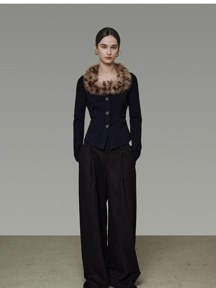 unspoken Warm Fur Collar Slim Cropped Workwear Women Cotton Leopard Navy Cardigans