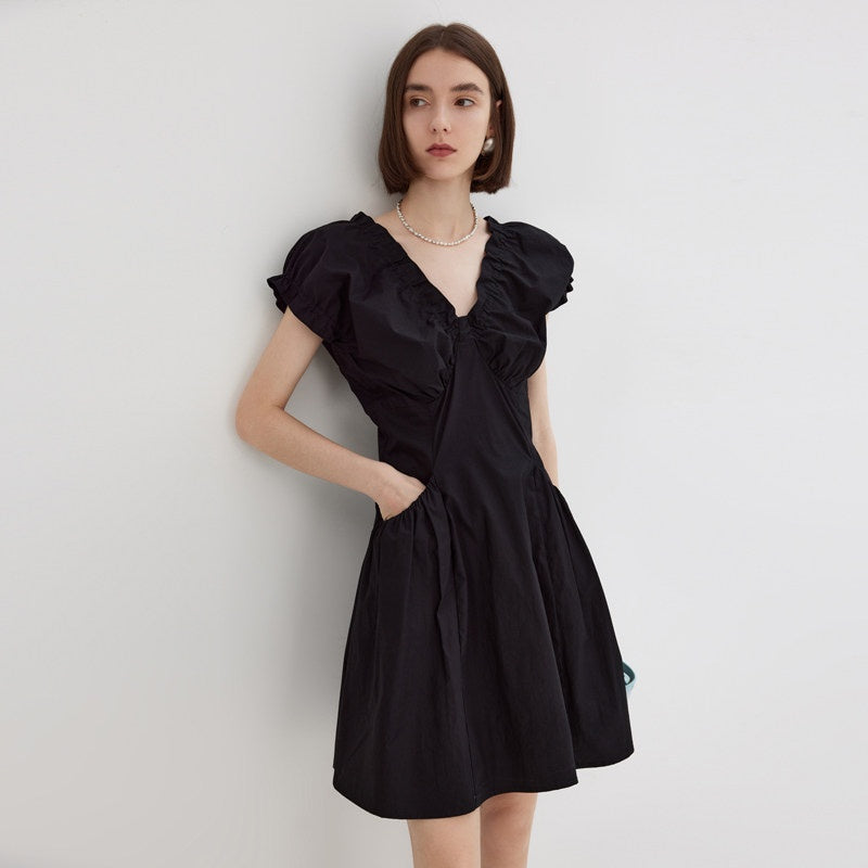 fano_Pleated_High_Waist_A_Line_V-neck_Flutter_Sleeves_100%_Cotton_Casual_Maxi_Dresses_MISSTT