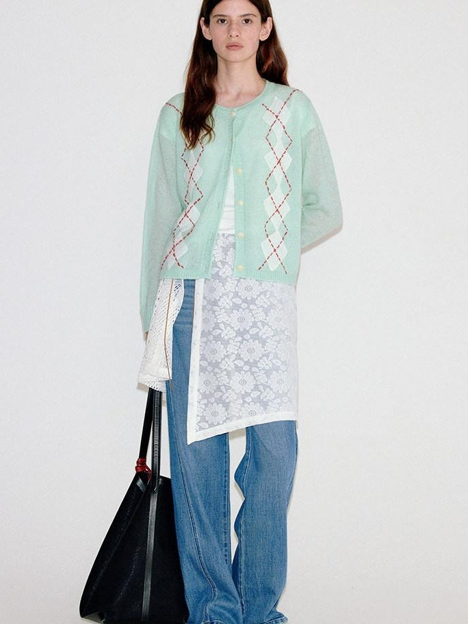 fano Warm Wool Blend Diamond Loose Fit Commuter Round Neck Mint Cardigans