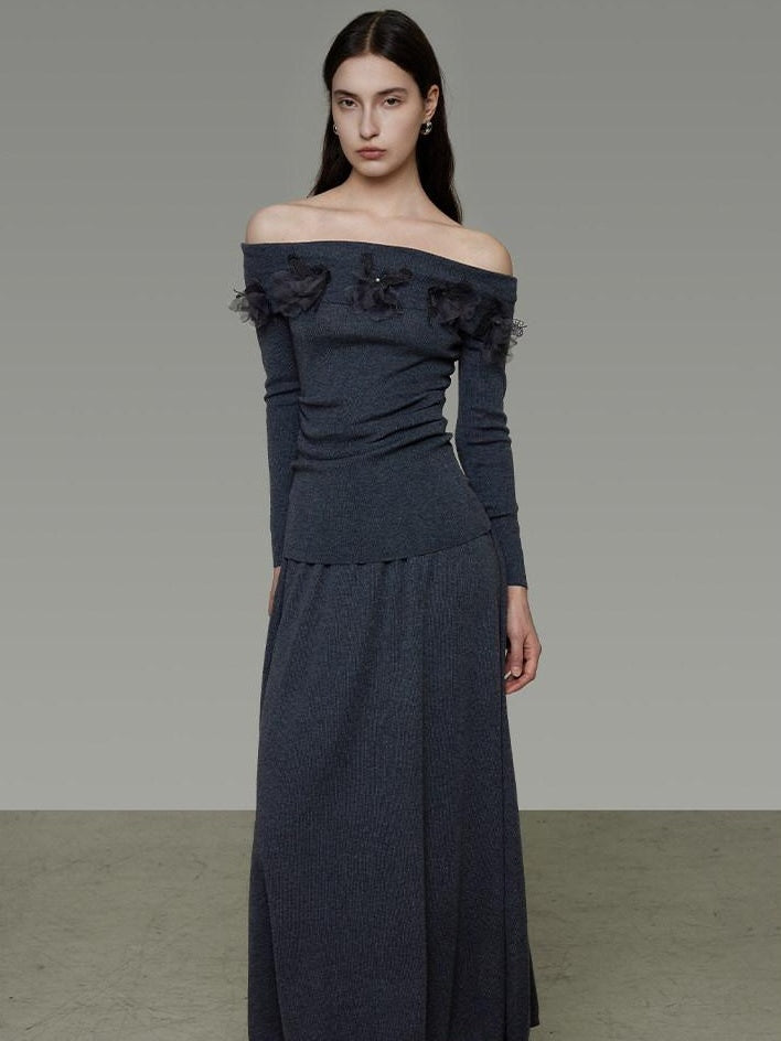 unspoken High Stretch Slim Knit Boat Neck Long Sleeve Dark Gray Office Top & Skirt Sets