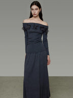 unspoken High Stretch Slim Knit Boat Neck Long Sleeve Dark Gray Office Top & Skirt Sets
