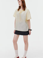 fano Yellow Tie Front Viscose Linen Blend Relaxed Korean Short Sleeve Women Blouses