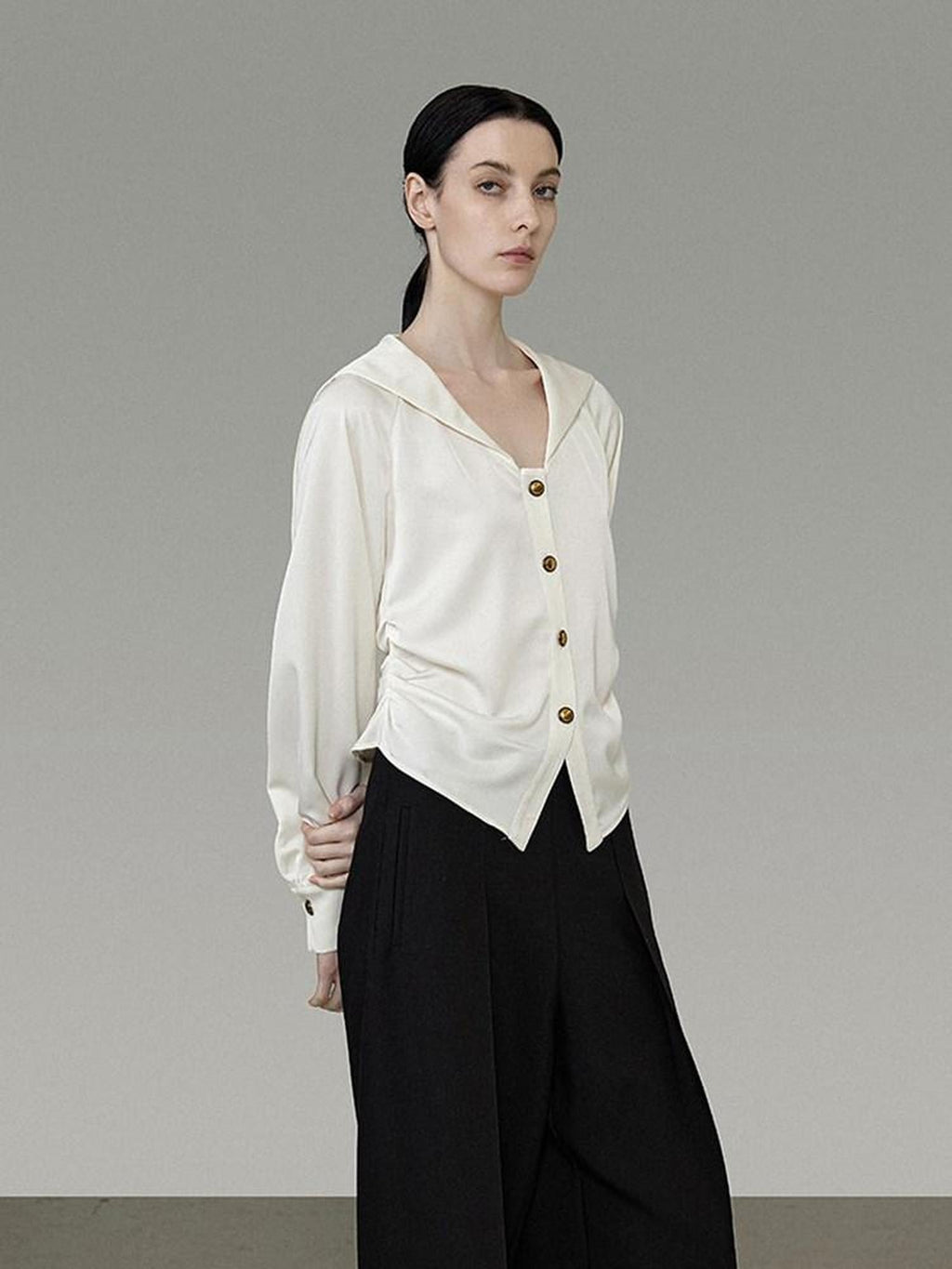 unspoken Cream Polyester Sailor Collar Button Front Loose Fit Office Minimalist Blouses