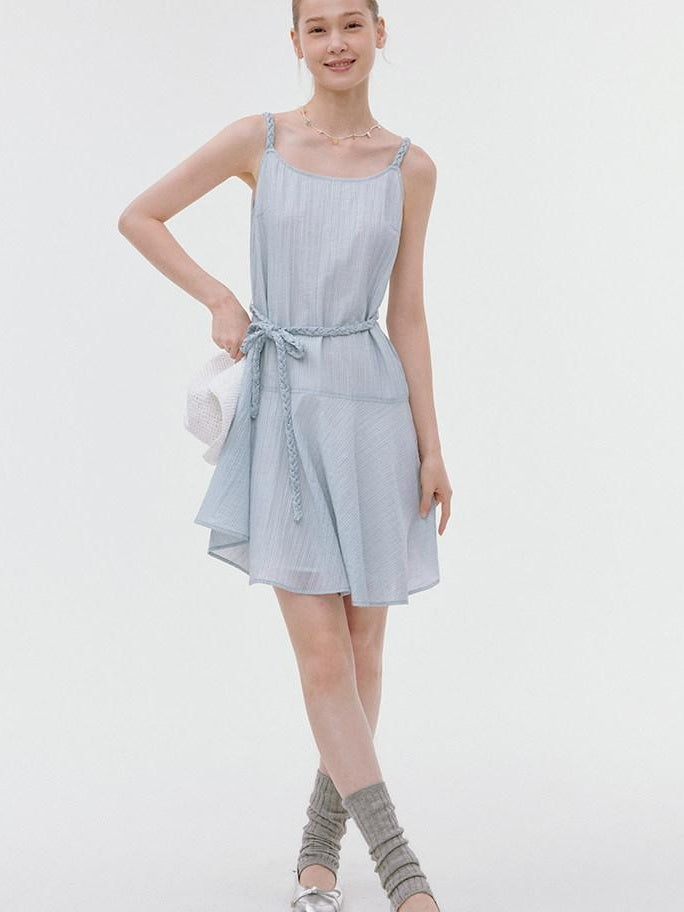 fano Elegant High Waist Aline Sleeveless Tie Waist Lyocell Light Blue Midi Dresses