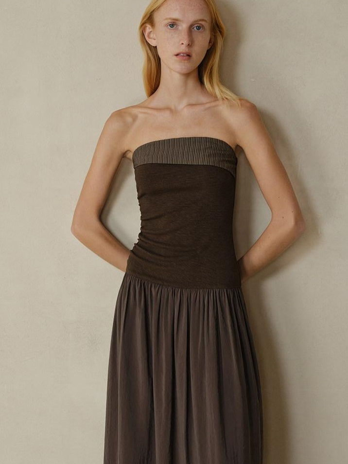 someonesometimes Tencel Modal Splice Slim Off Shoulder Strapless Casual Taupe Maxi Dresses