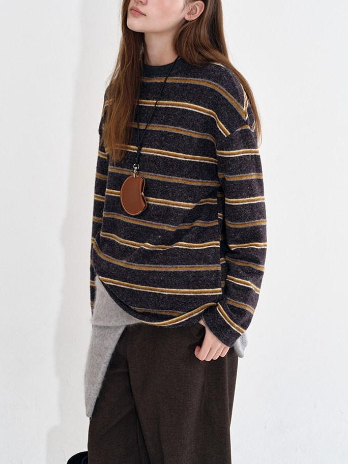 fano Acrylic Knit Striped Crew Neck Oversized Casual Women Long Sleeve T-Shirts