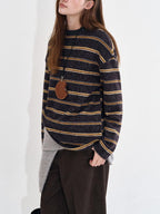 fano Acrylic Knit Striped Crew Neck Oversized Casual Women Long Sleeve T-Shirts