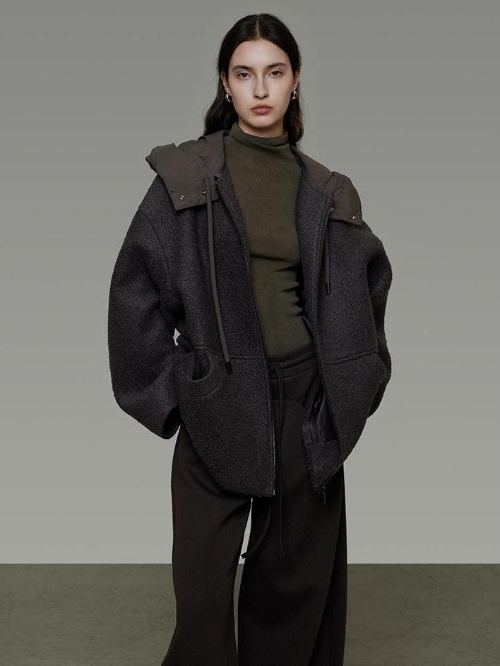 unspoken Premium Lambswool Hooded Relaxed Fit Minimal Commuter Zipper Gray Wool Coats