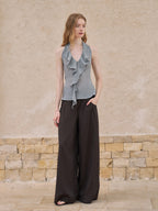 someonesometimes Original Design Wave Fringe Slim Fit Men Mist Blue Rayon Halter Crop Tops
