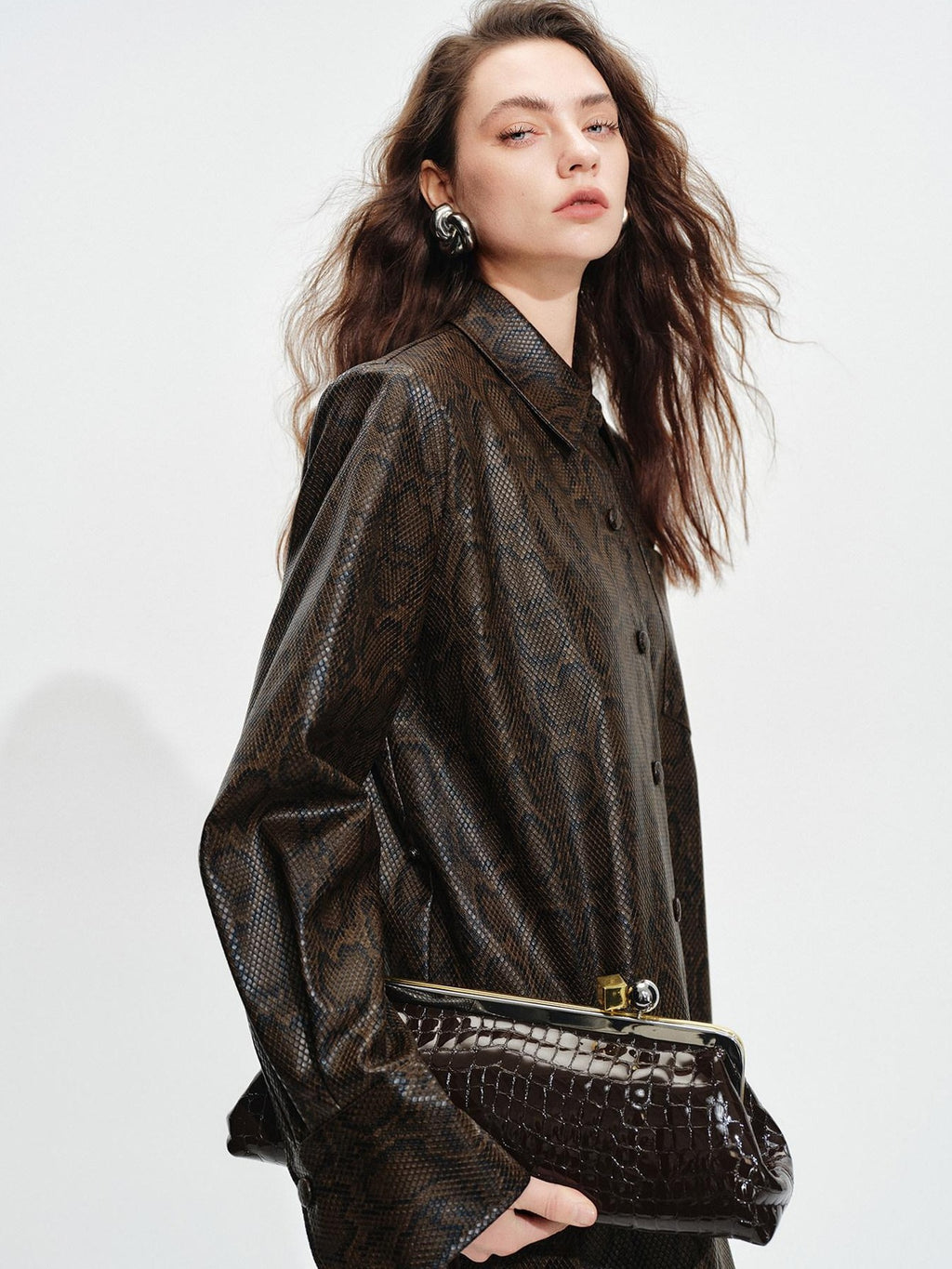 audreyyang Detachable Vintage Snake Print Pu Midlength Relaxed Womens Lapel Leather Jackets