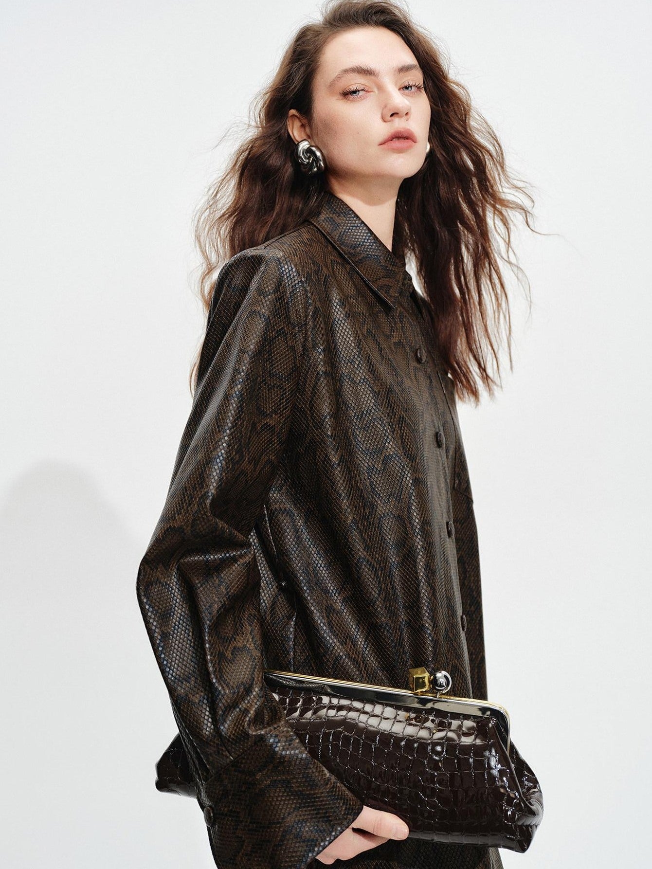 audreyyang Detachable Vintage Snake Print Pu Midlength Relaxed Womens Lapel Leather Jackets