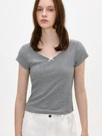 fano Soft V-neck Stretch Slim Fit Korean Office Short Sleeve Grey Basic Crop Tops