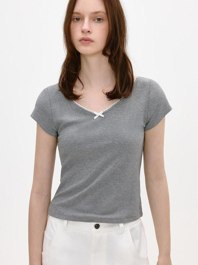 fano Soft V-neck Stretch Slim Fit Korean Office Short Sleeve Grey Basic Crop Tops