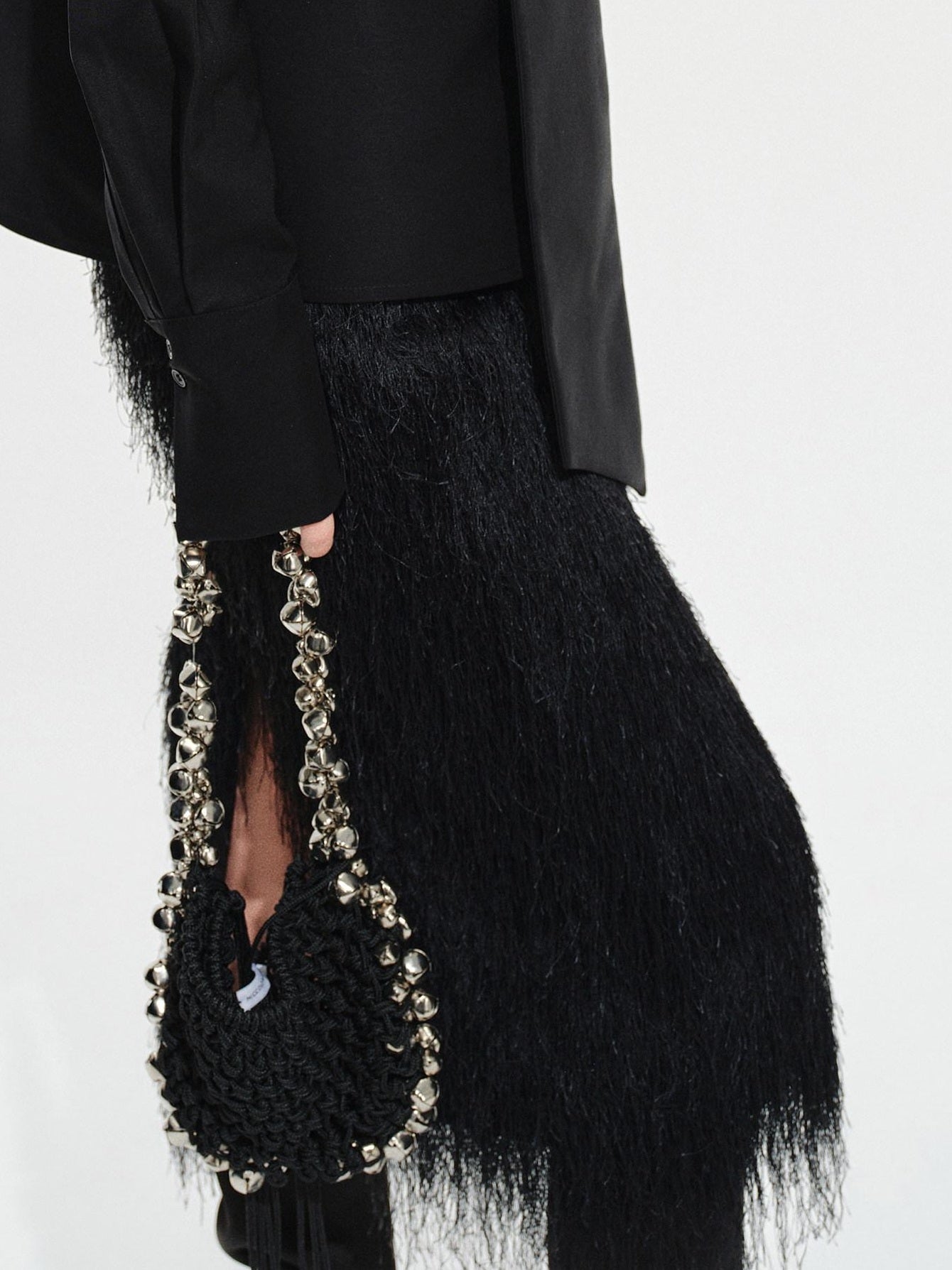 audreyyang Fringe Front Slit Mid Waist Straight Elastic Waist Lined Women Black Midi Skirts