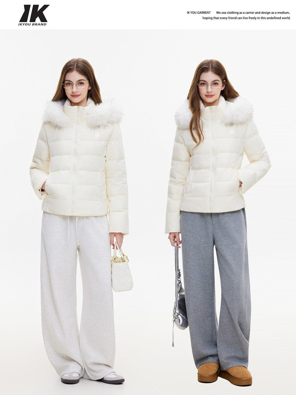 ikyou 90% White Duck Down Warm Minimalist Slim Hooded Fur Collar Women Down Jackets