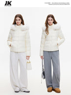 ikyou 90% White Duck Down Warm Minimalist Slim Hooded Fur Collar Women Down Jackets