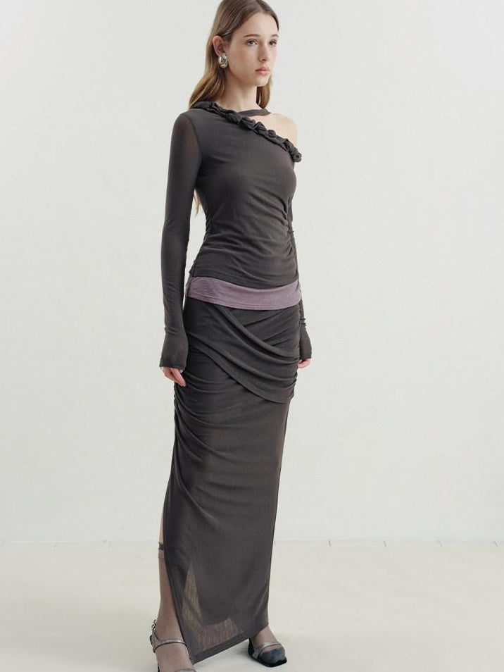 someonesometimes Lyocell Linen Blend Asymmetric Neckline Slim Fit Women Long Sleeve T-Shirts