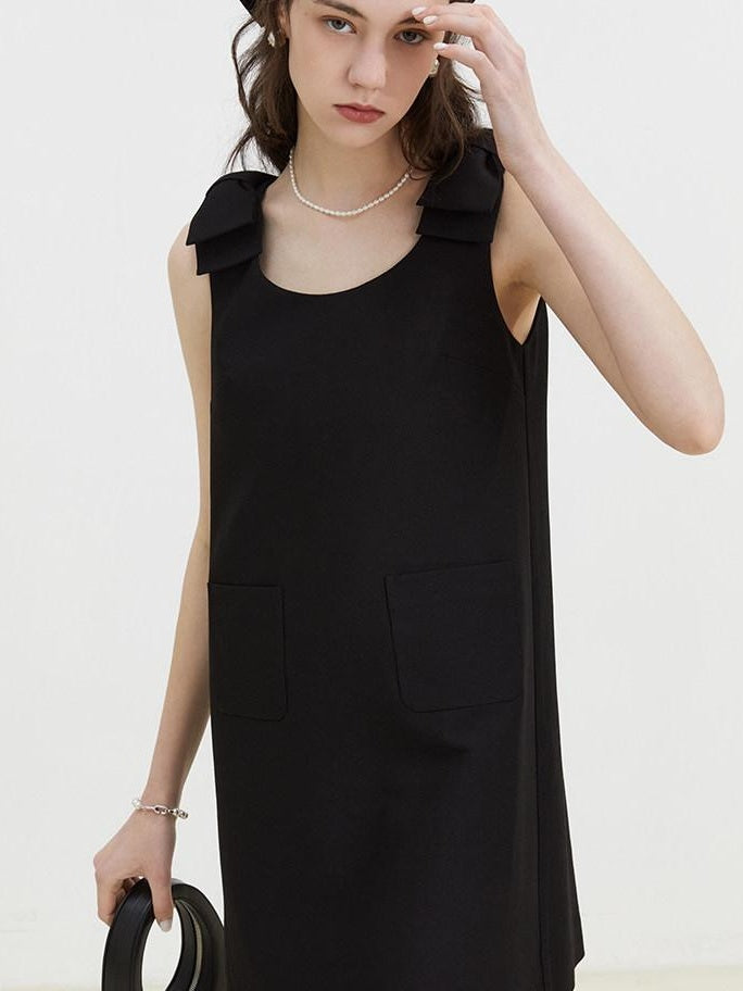 fano Minimal Bow High Waist A Line Sleeveless Round Neck Workwear Black Midi Dresses