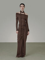 unspoken Slim Pleated Minimalist Workwear Women Pullover Polyester Brown Top & Skirt Sets