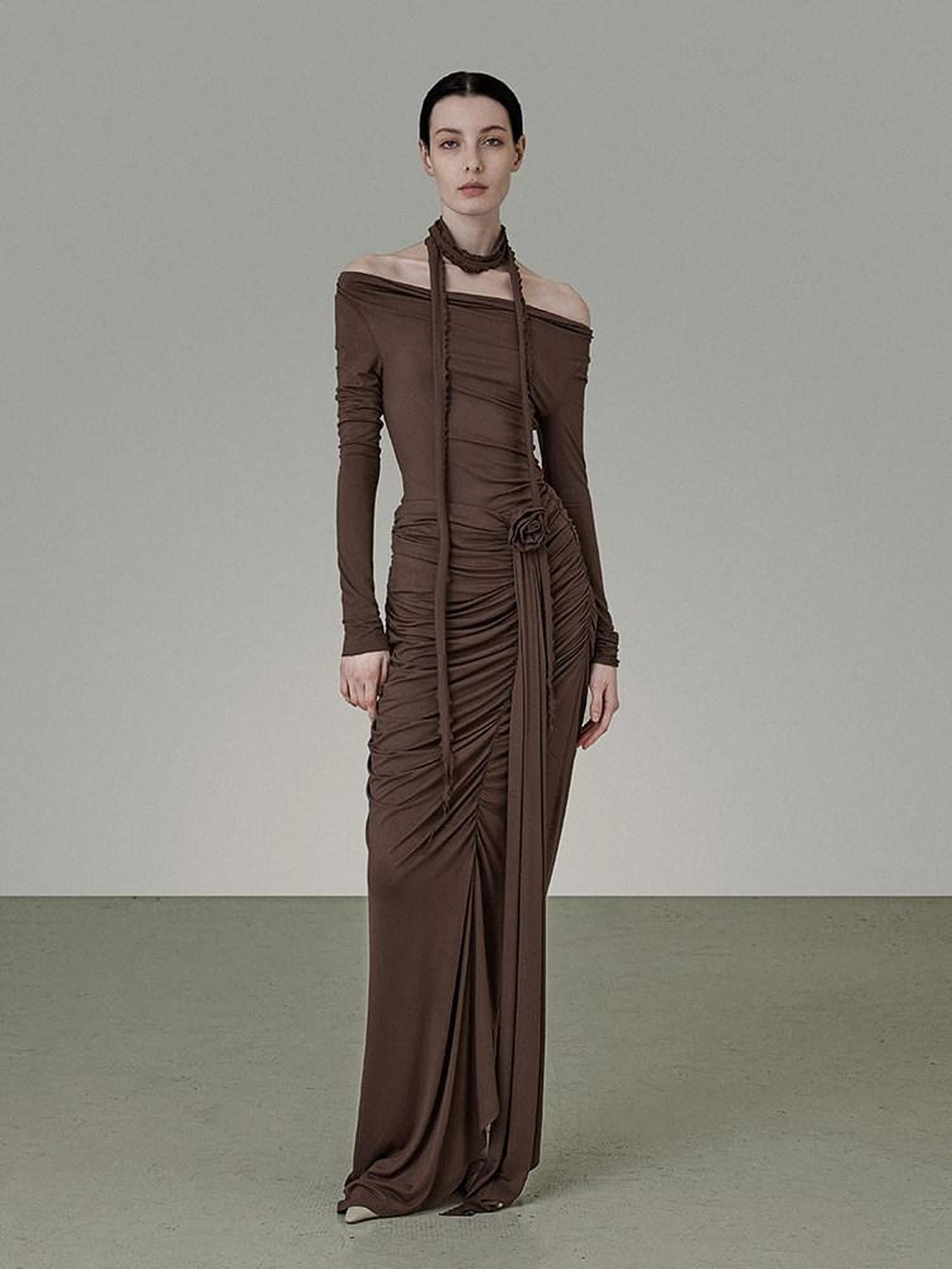 unspoken Slim Pleated Minimalist Workwear Women Pullover Polyester Brown Top & Skirt Sets