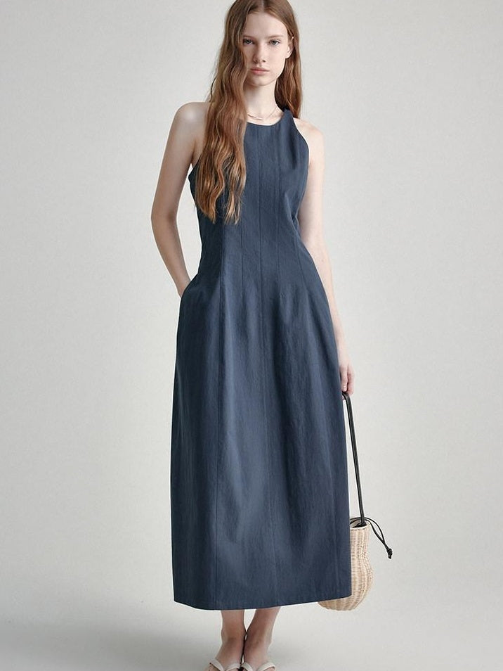 High Waist Sleeveless Minimalist Office A Line Cotton Blend Maxi Dresses