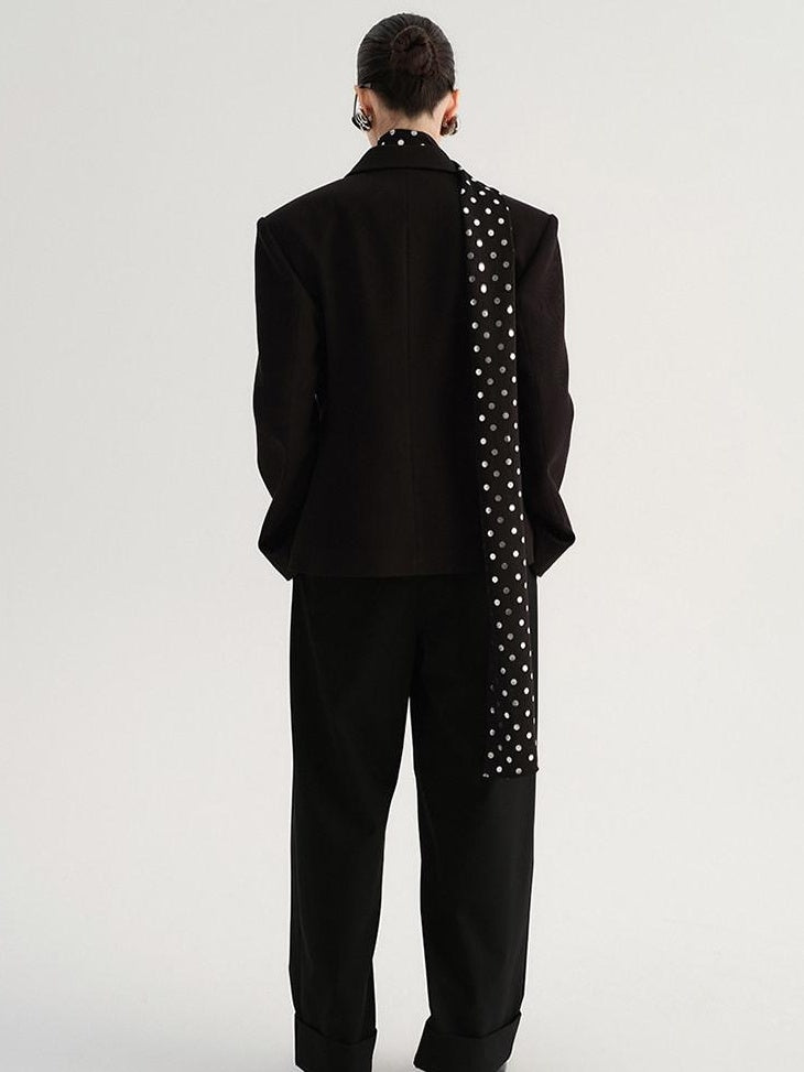 audreyyang Crossover Waist Office Relaxed Fit Women Double Breasted Black Blazers