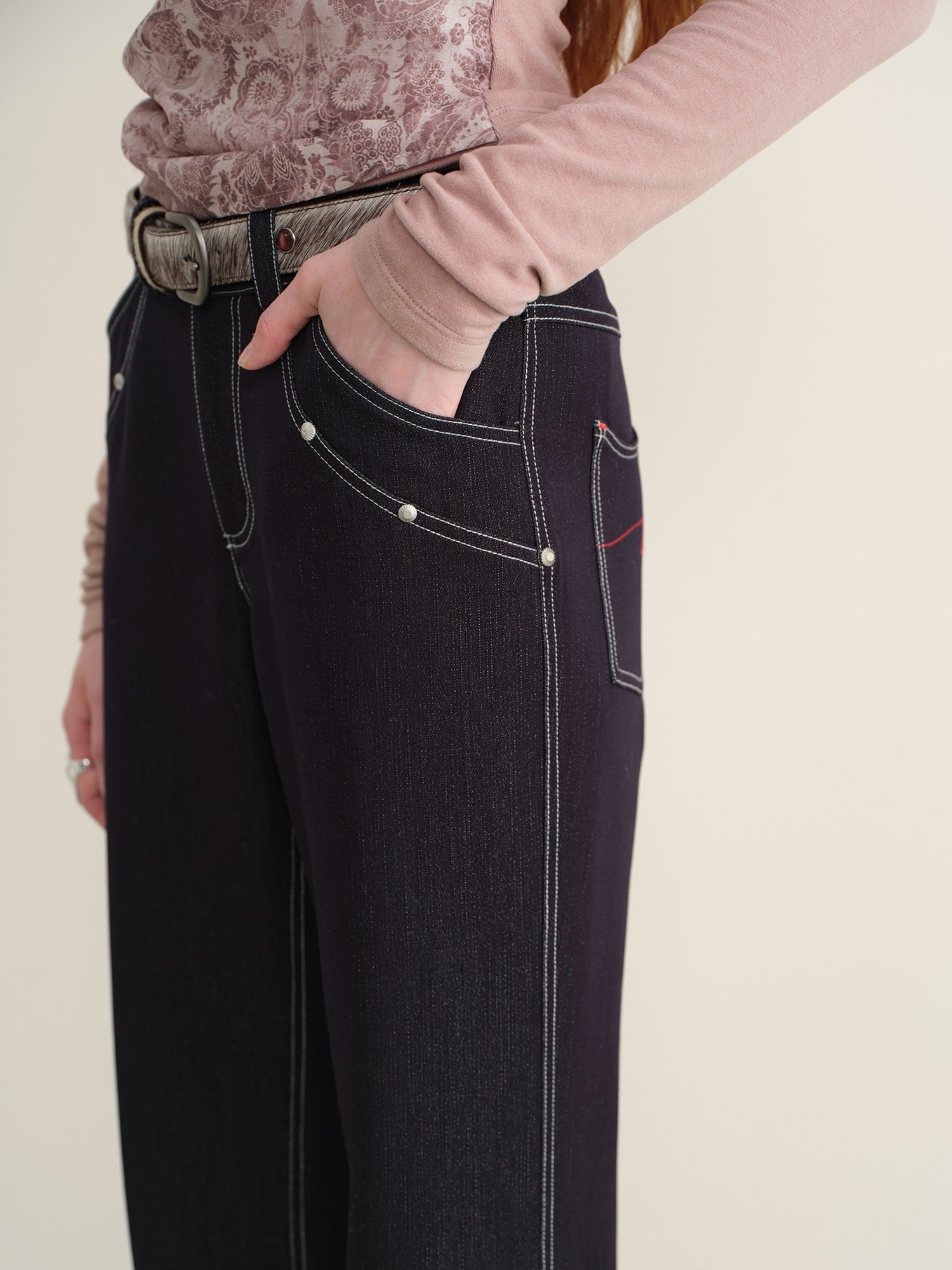 someone sometimes Stretch Minimal Natural Waist Topstitch Detail Women Midnight Blue Flared Jeans