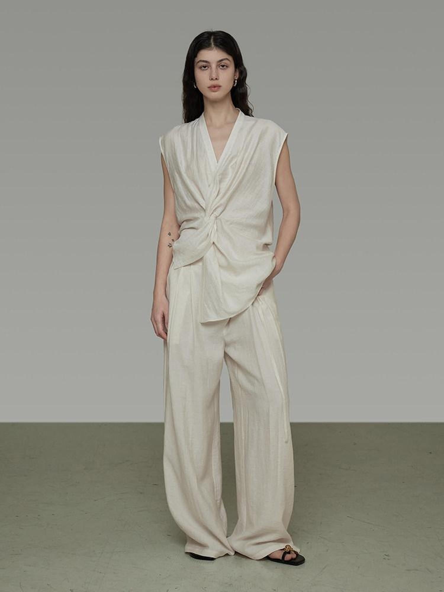 unspoken High Waist Pleated Drawstring Simple Office Loose Relaxed Women Wide Leg Pants