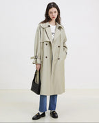 fano Classic Double Breasted Long Straight Fit Commuter Women Khaki Trench Coats