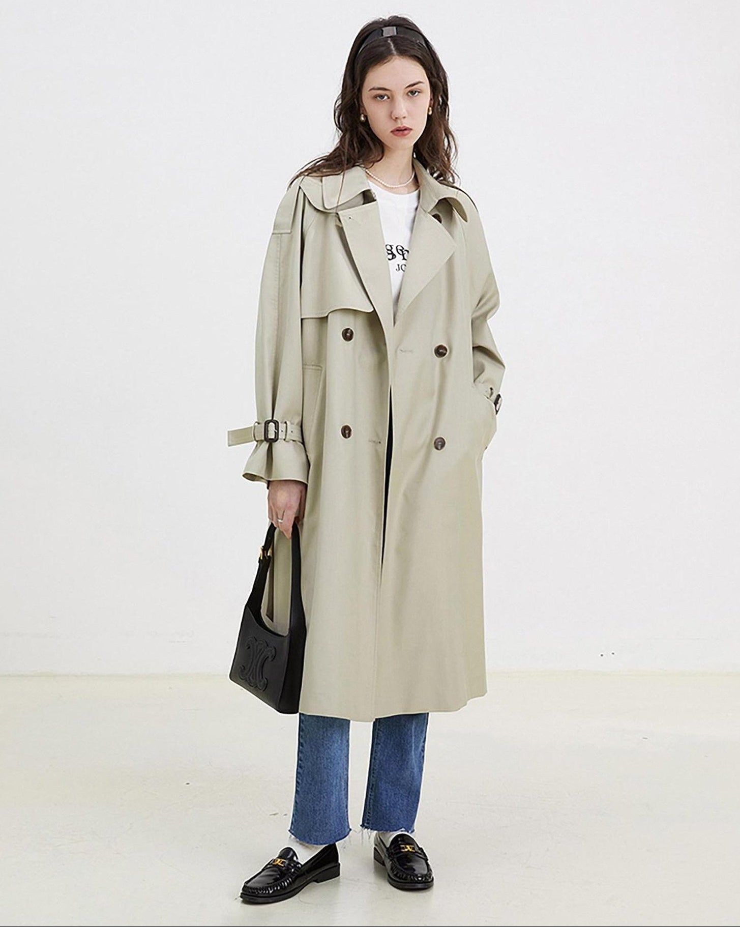 fano Classic Double Breasted Long Straight Fit Commuter Women Khaki Trench Coats