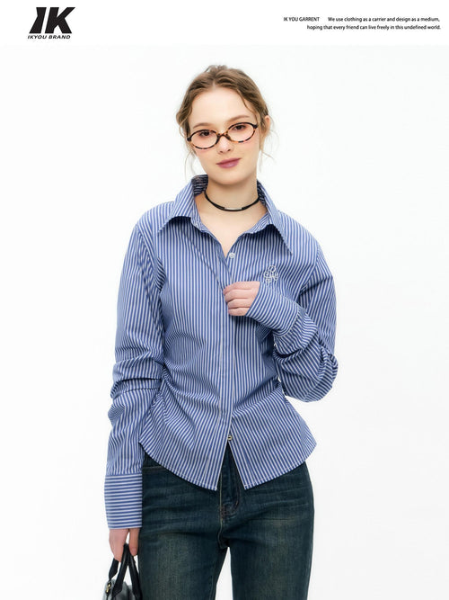 ikyou Embroidered Striped Slim Fit Commuter Long Sleeve Collared Cotton Shirts