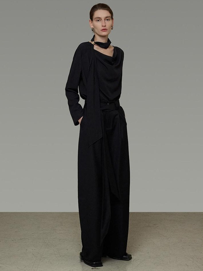 unspoken Breathable Minimalist Loose Fit Ribbon V-neck Office Women Solid Black Blouses