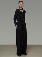 unspoken Breathable Minimalist Loose Fit Ribbon V-neck Office Women Solid Black Blouses