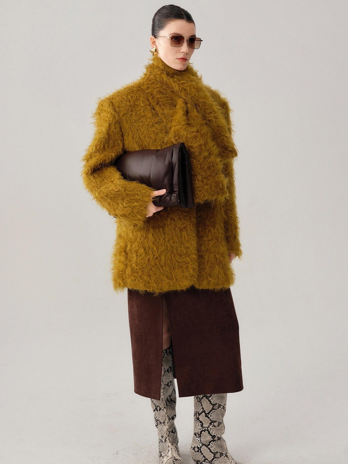 audreyyang Thick Mohair Blend Commuter V-neck For Women Solid Mustard And Grape Wool Coats