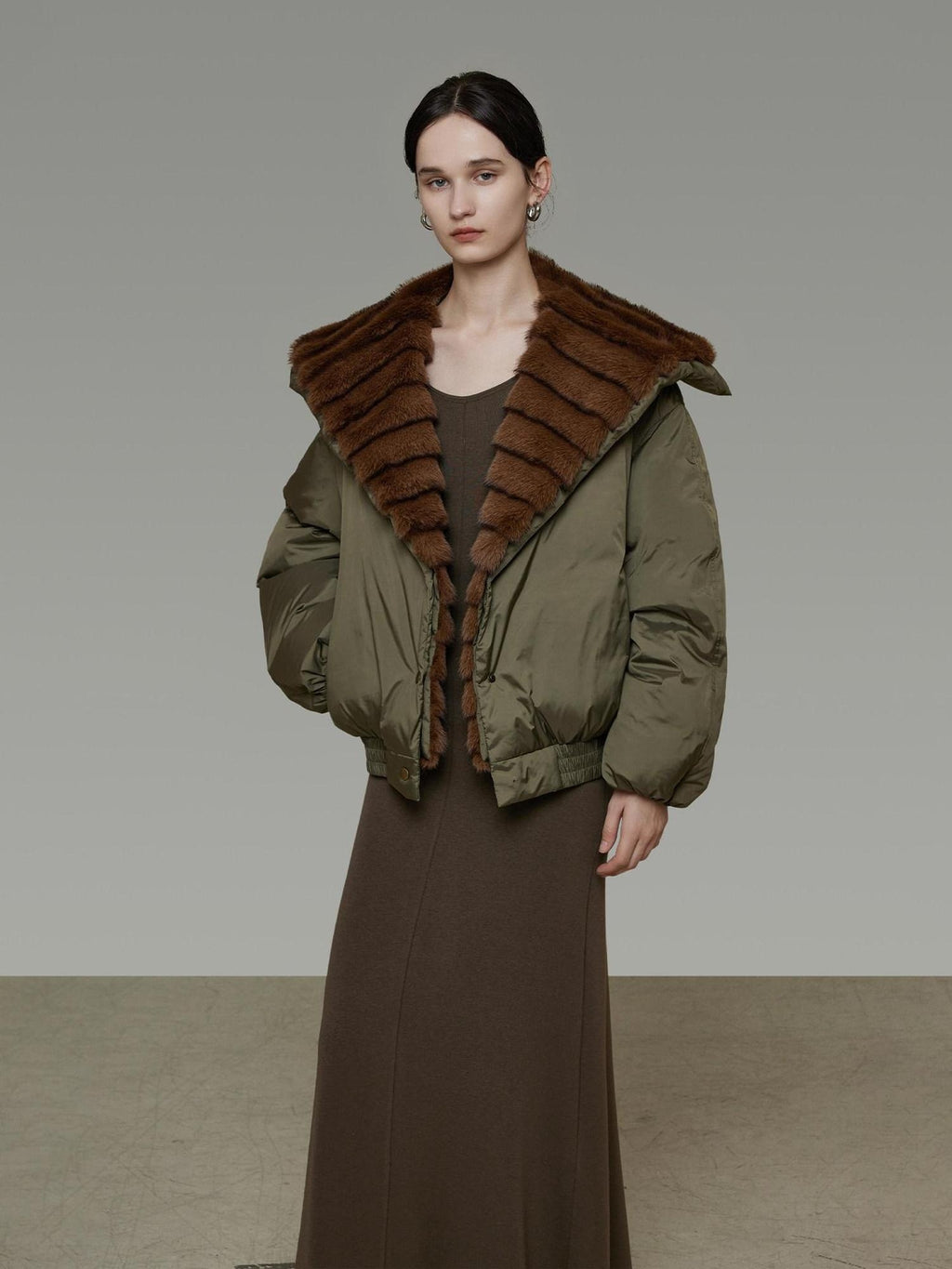 unspoken 90% White Duck Down Warm Loose Patchwork Commuter Olive Green Zip Down Jackets