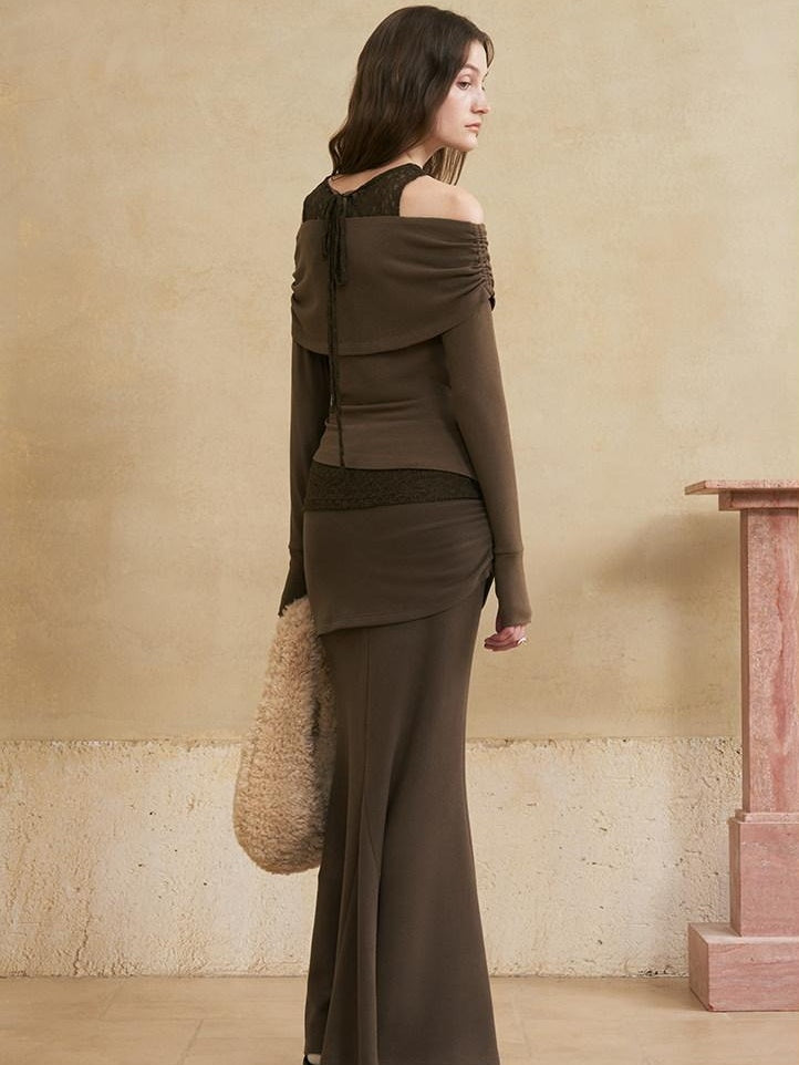 someonesometimes Flattering Mermaid Slim Fit Mid Rise Mocha Brown Knit Viscose Women Maxi Skirts