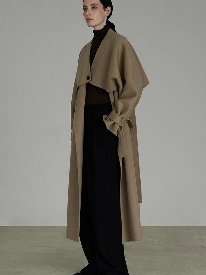 unspoken Pure Sheep Wool Long V-neck Straight Cut With Pockets Commuter Wool Coats