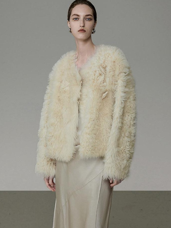 unspoken Minimal Off White Button Front Crew Neck Straight Fit Office Short Coat
