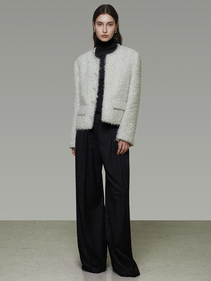 unspoken Lambswool Minimal Commuter Loose Single Button Round Neck Women Cropped Jackets