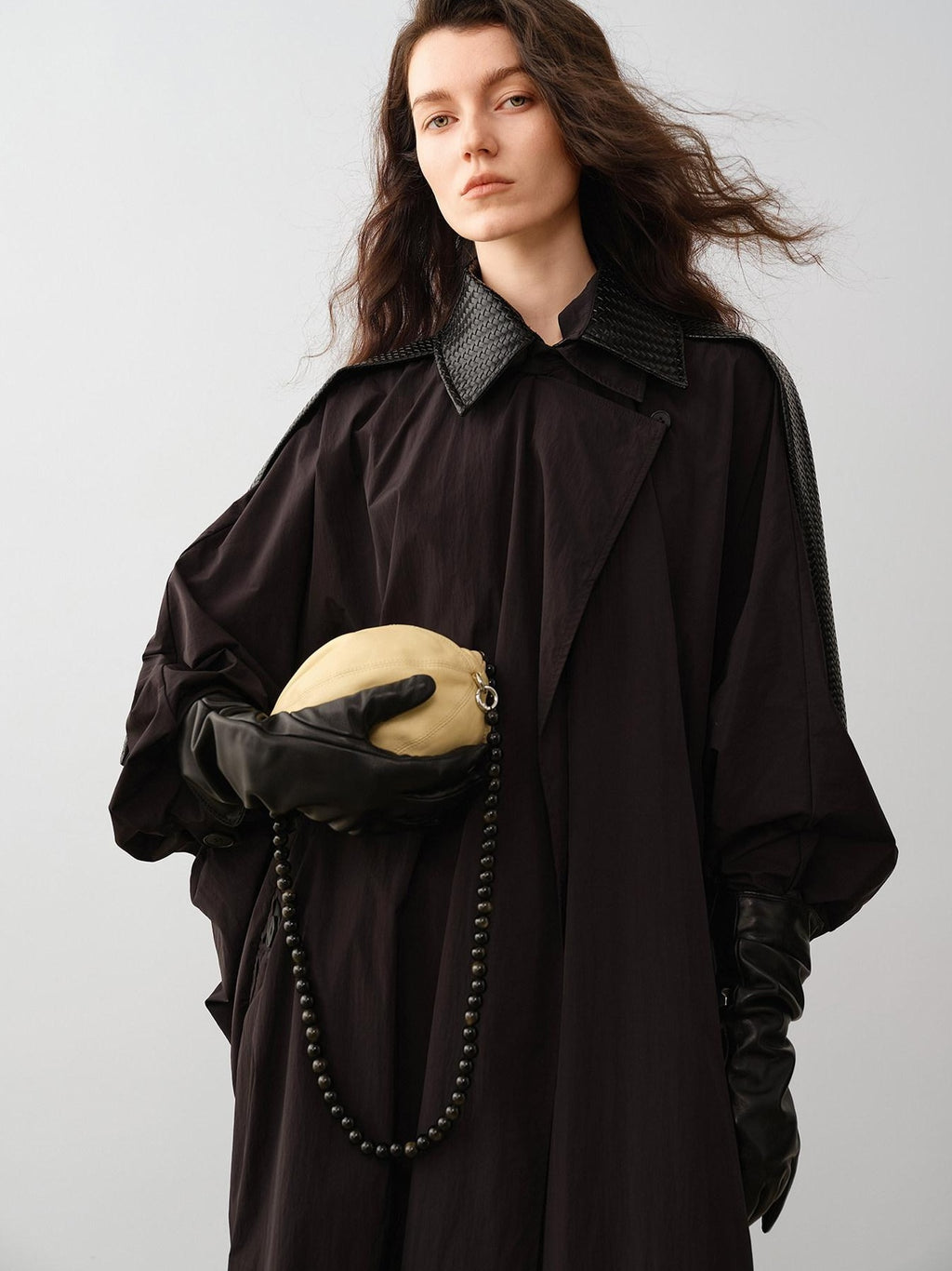 audreyyang Long Polyamide Patchwork Trench Decorative Tabs Women Black Trench Coats
