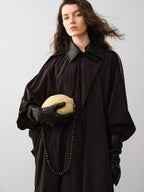 audreyyang Long Polyamide Patchwork Trench Decorative Tabs Women Black Trench Coats
